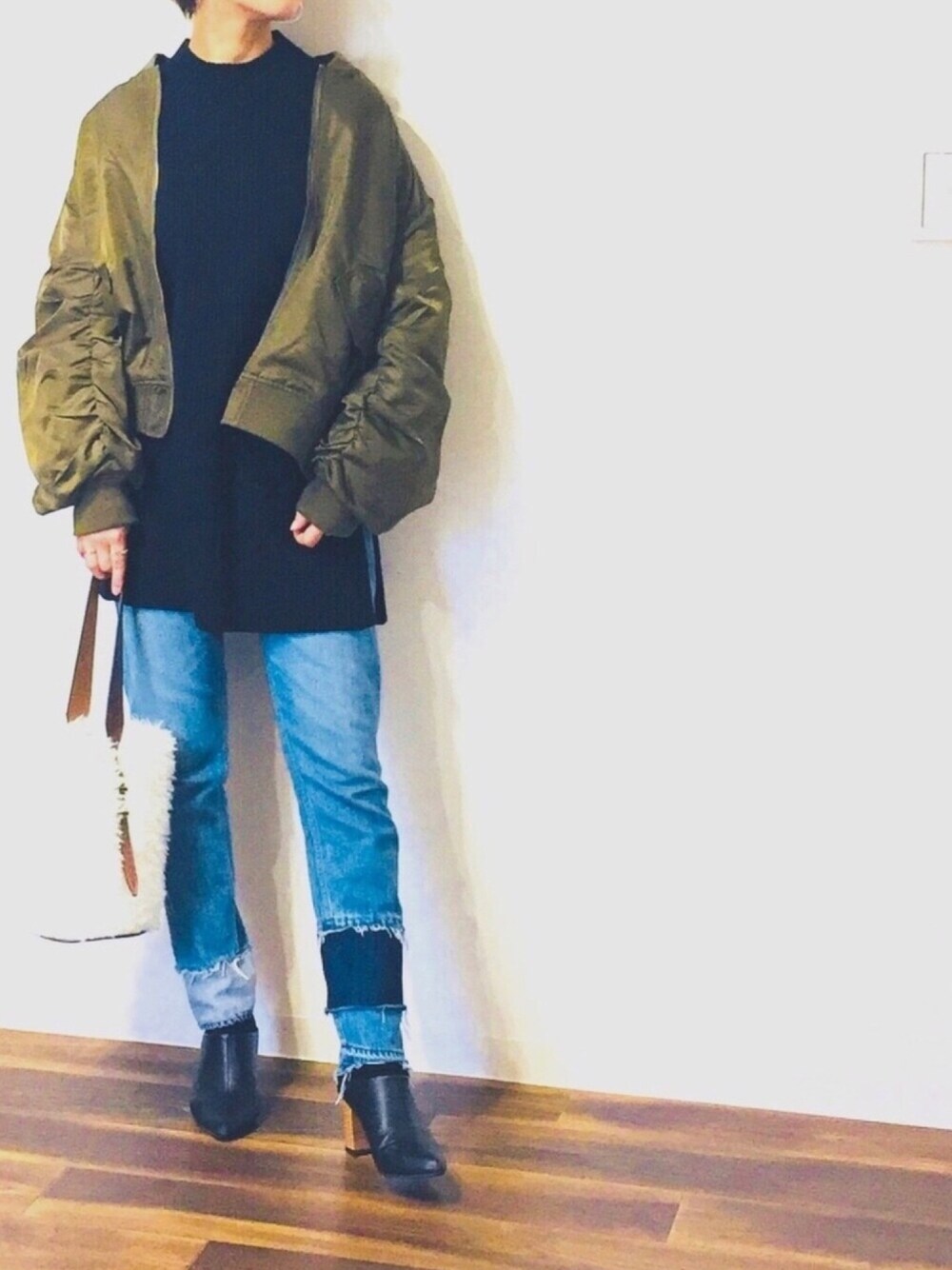 「オトナカジュアル、MA-1、ファーバッグ、GU、GU MA-1」｜「GUのアイテム（MA-1、グリーン系）」を使った、yu.さん（レディース・159cm）の冬コーディネートの1枚目の写真