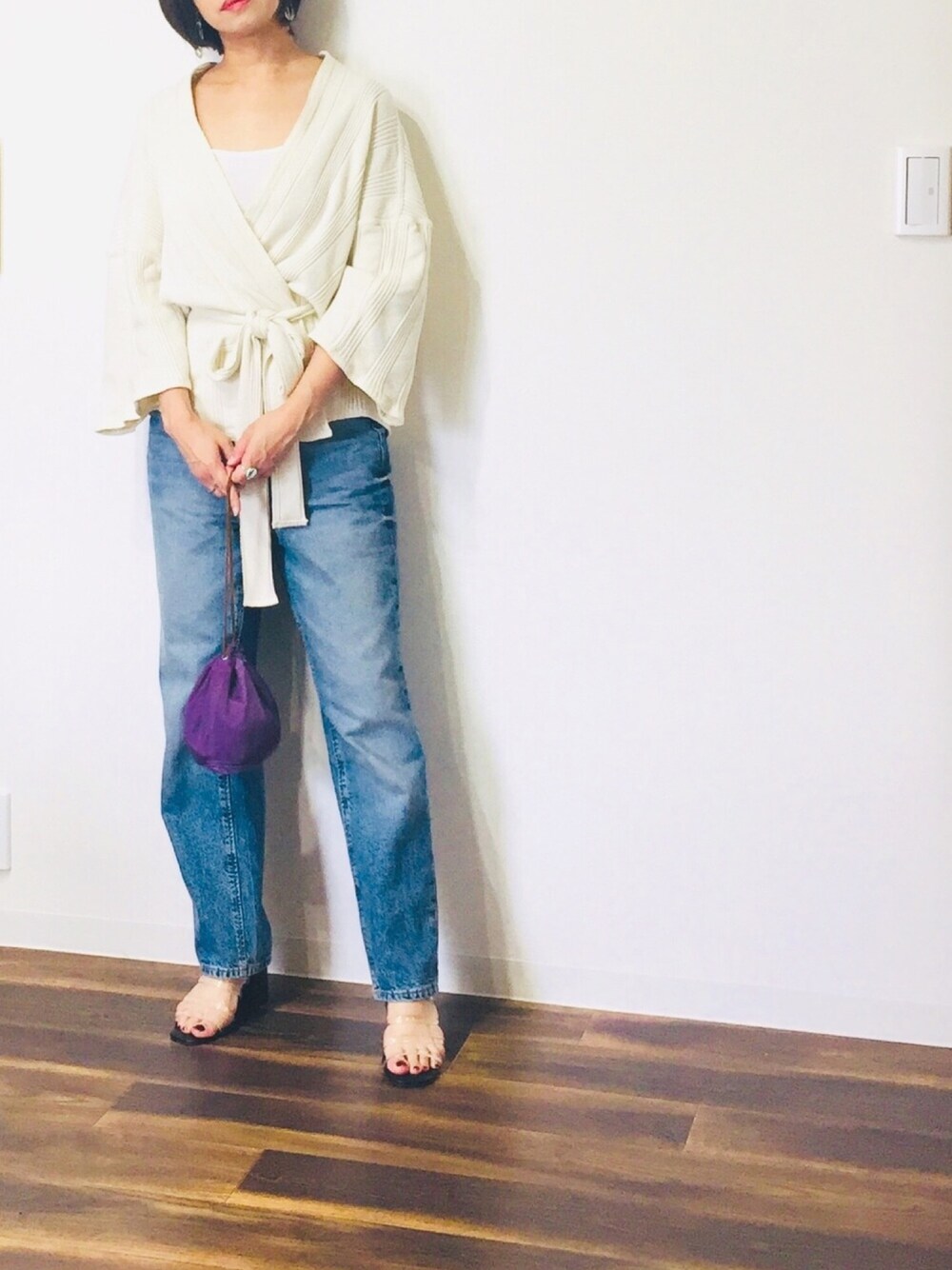 「カジュアルコーデ、シンプルコーデ、オトナカジュアル、GU」｜「TODAYFULのTODAYFUL(トゥデイフル) "Mix Rib Cardigan"ミックスリブカーディガン／11910106（カーディガン/ボレロ、ホワイト系）」を使った、yu.さん（レディース・159cm）の夏コーディネートの1枚目の写真