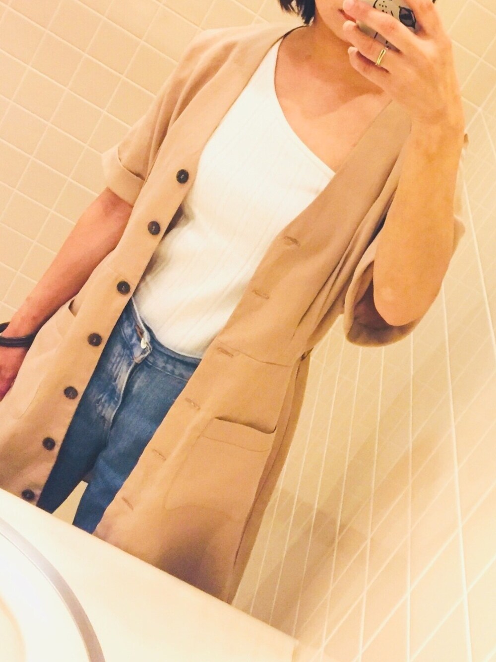 「ワンショルダートップス、ワンショルダー、ワンショルダータンク」｜「ZARAのアイテム（ジャケット/アウター、ベージュ系）」を使った、yu.さん（レディース・160cm）の夏コーディネートの1枚目の写真