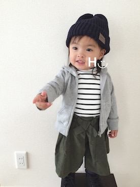 「BRANSHES（ブランシェス）のテレコボーダー長袖Tシャツ（Tシャツ/カットソー）」を使った、はるるん◡̈さん（キッズ・80cm）の秋コーディネート