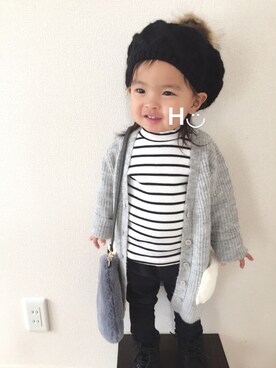 「BRANSHES（ブランシェス）のテレコボーダー長袖Tシャツ（Tシャツ/カットソー）」を使った、はるるん◡̈さん（キッズ・80cm）の秋コーディネート