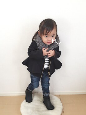 「BRANSHES（ブランシェス）のテレコボーダー長袖Tシャツ（Tシャツ/カットソー）」を使った、はるるん◡̈さん（キッズ・80cm）の冬コーディネート