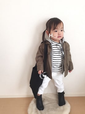 「BRANSHES（ブランシェス）のテレコボーダー長袖Tシャツ（Tシャツ/カットソー）」を使った、はるるん◡̈さん（キッズ・80cm）の冬コーディネート