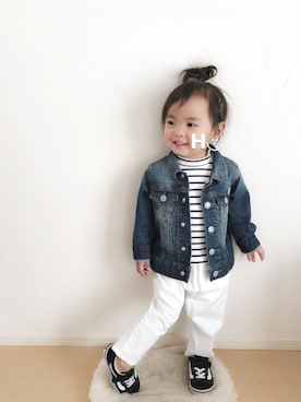 「BRANSHES（ブランシェス）のテレコボーダー長袖Tシャツ（Tシャツ/カットソー）」を使った、はるるん◡̈さん（キッズ・80cm）の冬コーディネート