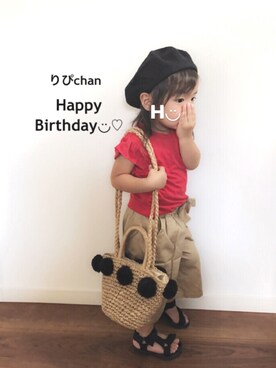 「petit main（プティマイン）のアイテム（かごバッグ）」を使った、はるるん◡̈さん（キッズ・80cm）の夏コーディネート