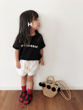 「petit main（プティマイン）のアイテム（かごバッグ）」を使った、はるるん◡̈さん（キッズ・90cm）の夏コーディネート