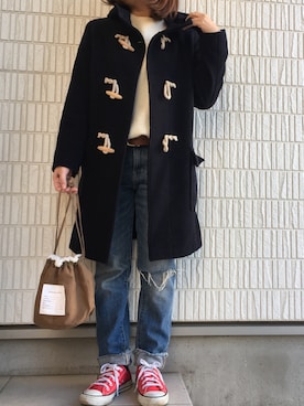 「巾着バッグ」｜「アイテム（ダッフルコート）」を使った、Ayako  さん（レディース・150cm）の冬コーディネート