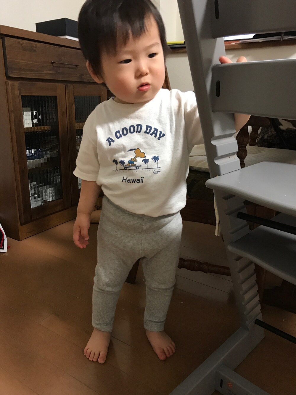 「男の子、一歳」｜「UNIQLOのアイテム（その他パンツ、グレー系）」を使った、Haruさん（キッズ・80cm）の夏コーディネートの1枚目の写真
