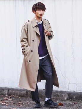 「JUNRED（ジュンレッド）のアイテム（トレンチコート）」を使った、Ryotaさん（メンズ・176cm）の秋コーディネート