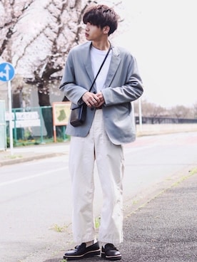 「水色」｜「アイテム（テーラードジャケット）」を使った、Ryotaさん（メンズ・176cm）の春コーディネート