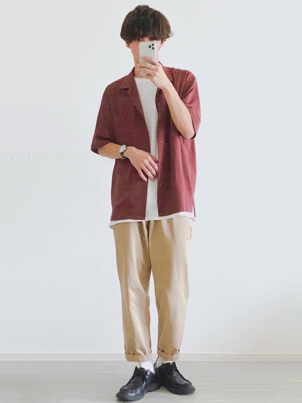 Ryotaさんの「【極上のパウダータッチシャツ】Wポケットドレープオープンカラーシャツ（JUNRed）」を使ったコーディネート