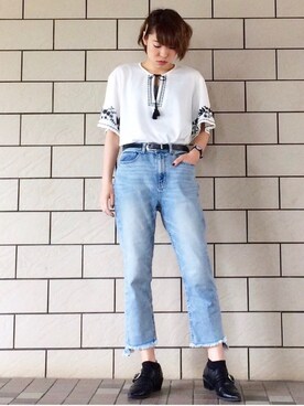 「刺繍」｜「アイテム（ブーティ）」を使った、さこさん（レディース・162cm）の春コーディネート