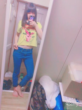 「古着のアイテム（Tシャツ/カットソー、イエロー系）」を使った、hanaさん（レディース・156cm）の夏コーディネート