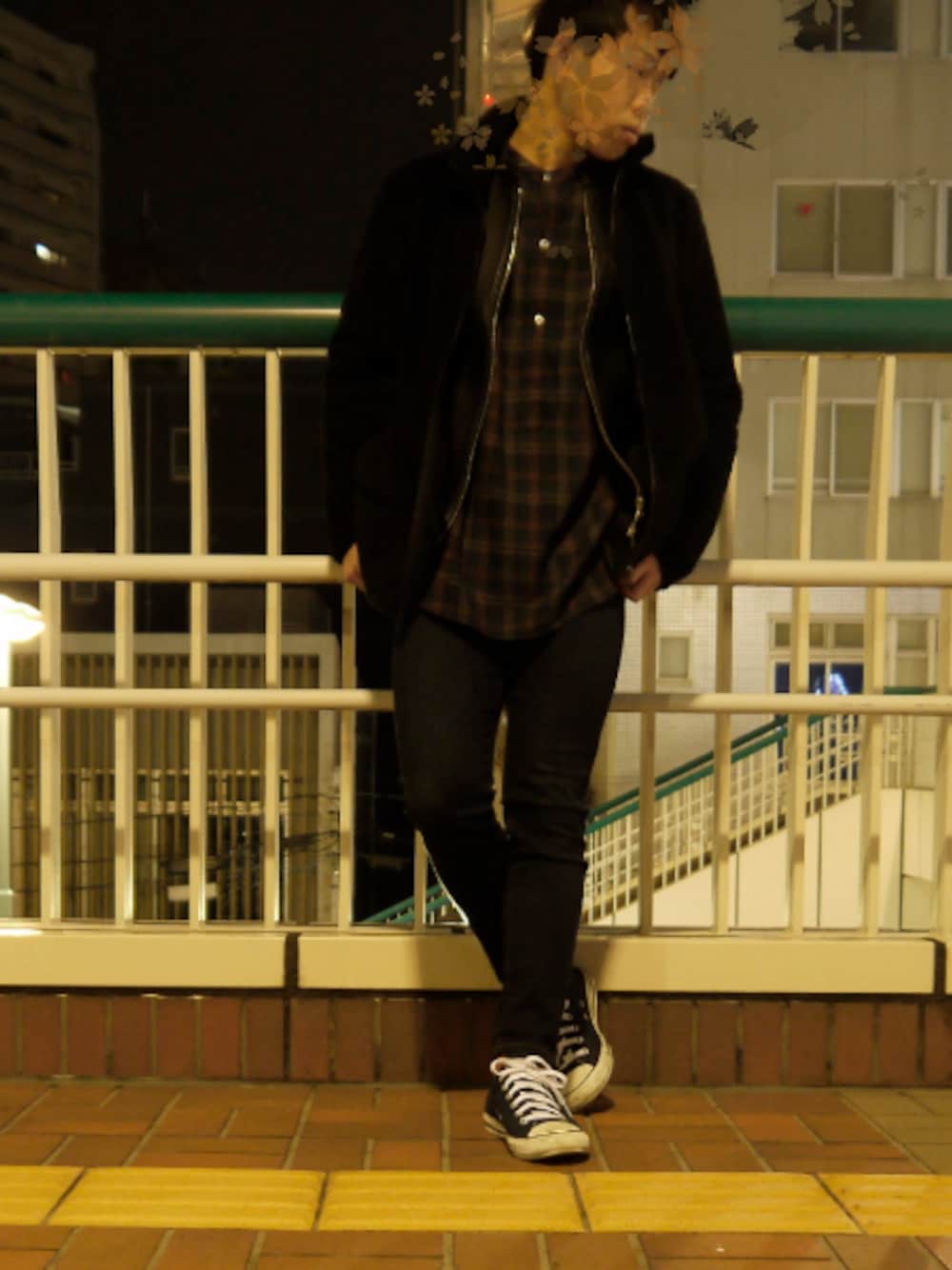 「2018マイベストコーデ、冬コーデ、大学生、低身長、チェック、デニム、シンプルコーデ、おしゃれさんと繋がりたい、いいね、save、フォローお願いします🤑、コメントでアドバイザーしてます」｜「LIDNMのLIDnM/リドム/ラムレザーシングルライダース（ライダースジャケット、ブラック系）」を使った、なーかわさん（メンズ・165cm）の冬コーディネートの1枚目の写真