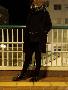 「JUNRED（ジュンレッド）のアイテム（チェスターコート）」を使った、なーかわさん（メンズ・165cm）の冬コーディネート