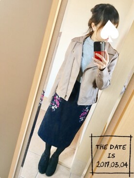 「リブT」｜「アイテム（ライダースジャケット）」を使った、S*さん（レディース・149cm）の春コーディネート