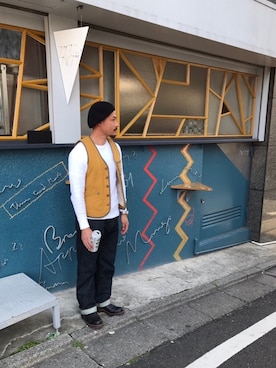 「Pherrow's（フェローズ）のアイテム（ベスト）」を使った、タクミさん（メンズ・174cm）の冬コーディネート