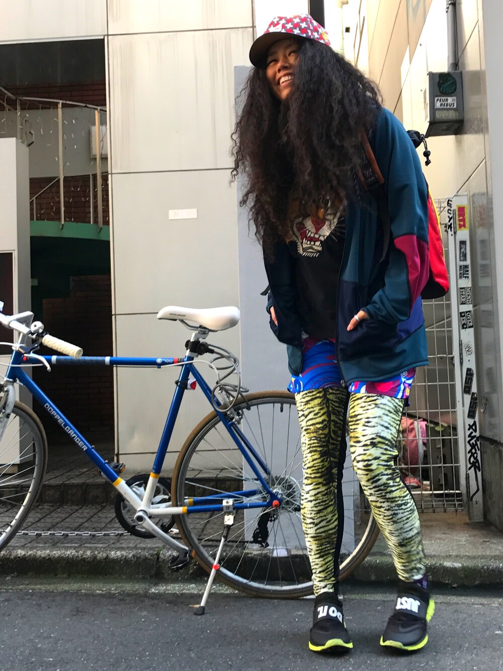 「ランニングスタイル、リュック、ALDIES、アクティブ、winter」｜「ALDIESのSlum Spats アニマル柄レギンス（レギンス/スパッツ、その他）」を使った、モジャ子さん（レディース・165cm）の冬コーディネートの1枚目の写真