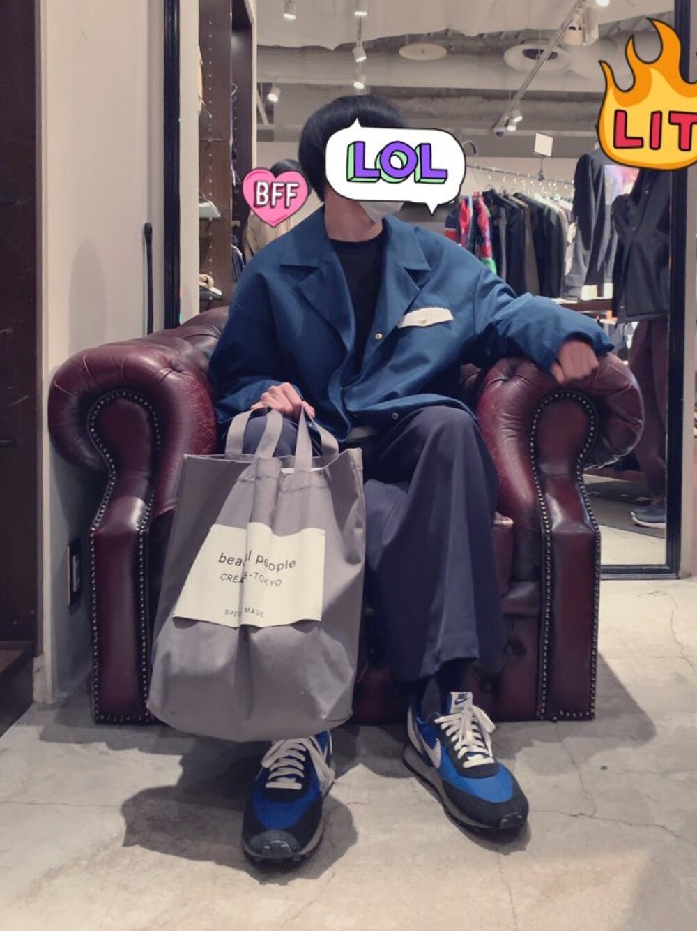 「春めきシューズ、スニーカーコーデ、ブルー、NIKE、アンダーカバー、remer、melt.、バギーパンツ、ゆるコーデ、beautiful people」｜「NIKEのアイテム（シューズ、ブルー系）」を使った、super cellさん（メンズ・171cm）の春コーディネートの1枚目の写真