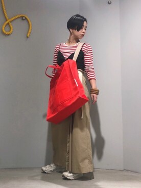 mikako さんの「綿麻カルゼ ハイウエストラップパンツ」を使ったコーディネート