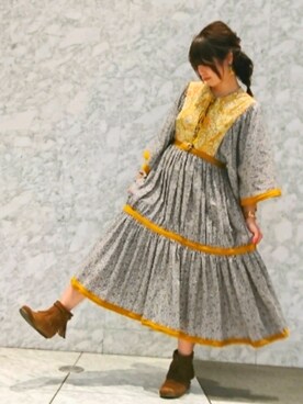 「ヴィンテージワンピース」｜「アイテム（ブーツ）」を使った、びび＊さん（レディース・155cm）の春コーディネート