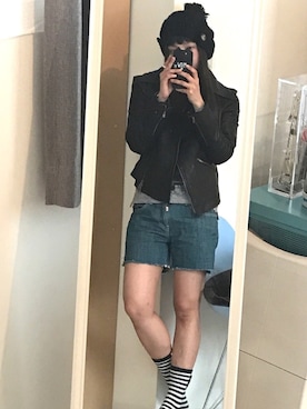 「ニットキャップ」｜「アイテム（ライダースジャケット）」を使った、sinさん（レディース・158cm）の秋コーディネート