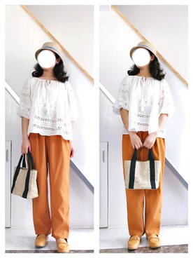 「アイテム（チノパンツ、オレンジ系）」を使った、Marcococoさん（レディース・160cm）の春コーディネート