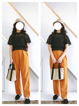 「アイテム（チノパンツ、オレンジ系）」を使った、Marcococoさん（レディース・160cm）の春コーディネート
