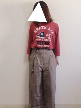 「LOWRYS FARM（ローリーズファーム）のチェックワイドパンツ　765304（その他パンツ、ブラウン系）」を使った、りるみなさん（レディース・149cm）の夏コーディネート