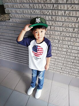 「Smoothy（スムージー）のアイテム（キャップ）」を使った、まりもんさん（キッズ・120cm）の秋コーディネート