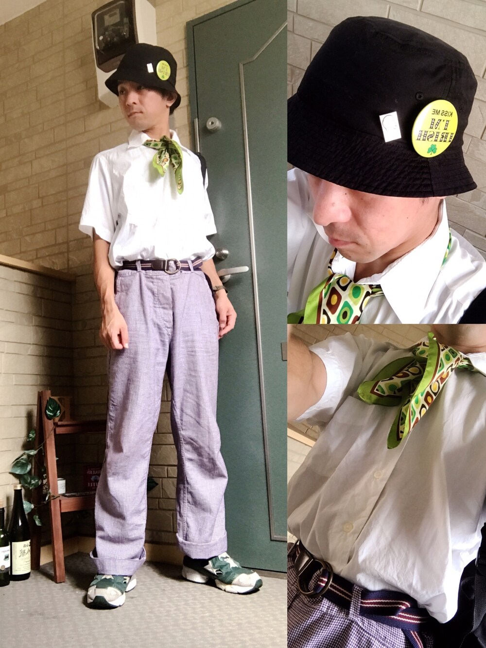 「ニコアンド、スカーフ、コックパンツ、INSTAPUMP FURY、ポンプフューリー」｜「VINTAGEのアイテム（バンダナ/スカーフ、グリーン系）」を使った、kenkenさん（メンズ・165cm）の秋コーディネートの1枚目の写真