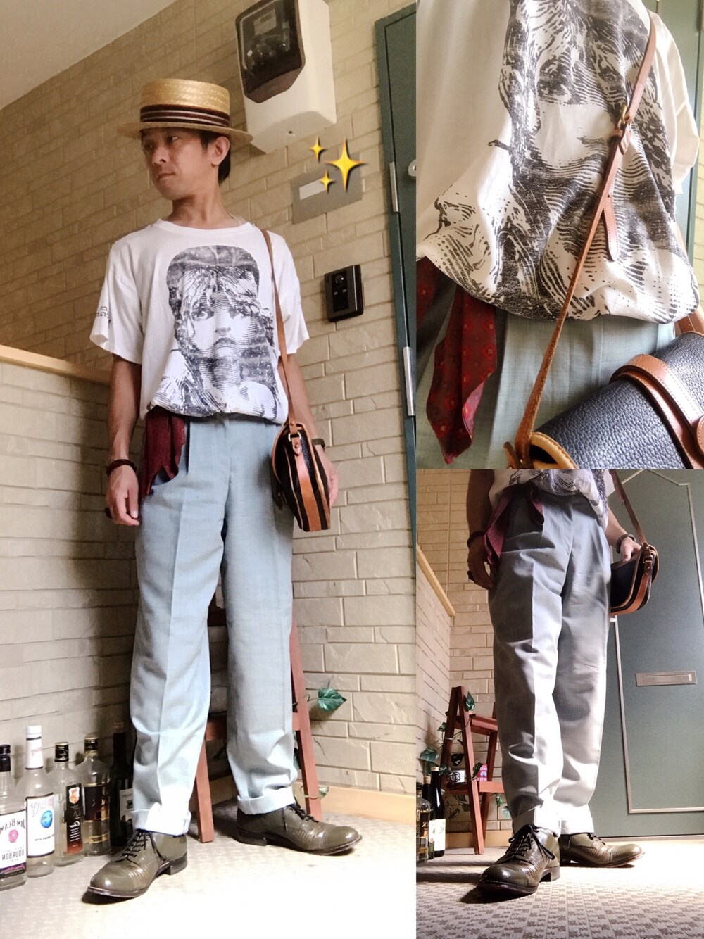 ホワイト系のTシャツ/カットソー、グリーン系のドレスシューズ、ベージュ系のハットを着用したメンズの秋コーディネートの1枚目の写真