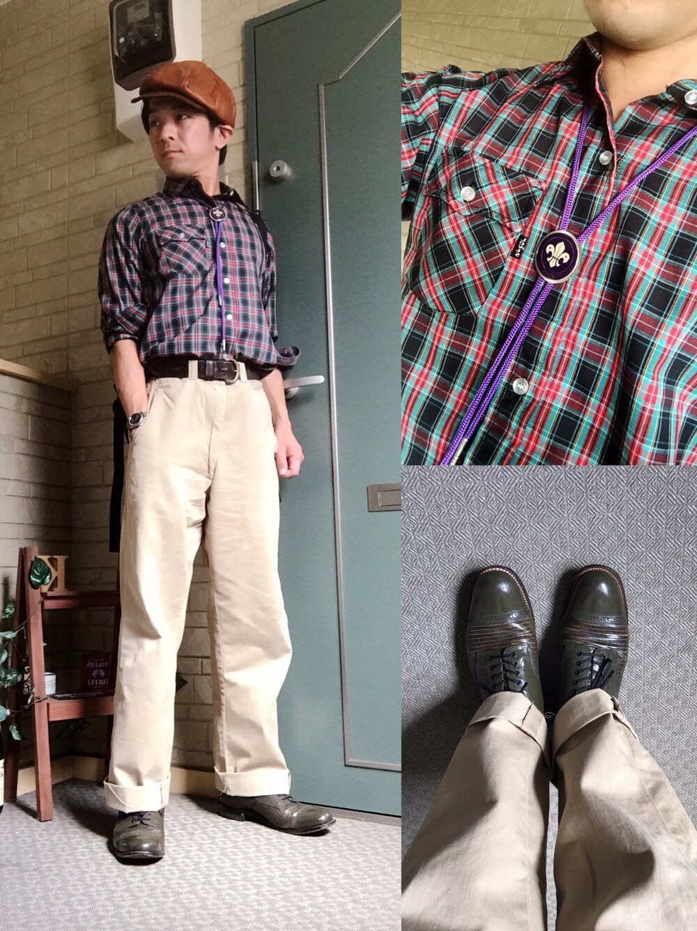 グリーン系のドレスシューズ、ブラウン系のキャスケットを着用したメンズの秋コーディネートの1枚目の写真