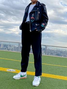 「UNIQLOU」｜「アイテム（ライダースジャケット）」を使った、ゆっきーさん（メンズ・170cm）の秋コーディネート