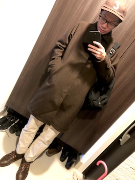 「アイテム（モカシン/デッキシューズ、ブラウン系）」を使った、hana.さん（メンズ・184cm）の冬コーディネート