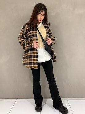 「WEGO（ウィゴー）のWEGO/ビックチェックCPOジャケット（その他アウター、ブラウン系）」を使った、niiyanatsumiさん（レディース・162cm）の冬コーディネート