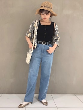 「WEGO（ウィゴー）のWEGO/【WEB限定】デニムストレートワイドパンツ（デニムパンツ、ブルー系）」を使った、niiyanatsumiさん（レディース・162cm）の夏コーディネート