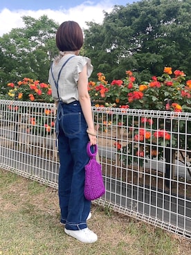 「リネンブラウス」｜「アイテム（オールインワン・サロペット）」を使った、たろまるさん（レディース・156cm）の春コーディネート