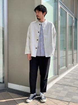 「JOURNAL STANDARD relume（ジャーナルスタンダード　レリューム）のアイテム（ノーカラージャケット）」を使った、Kakkyさん（メンズ・186cm）の春コーディネート