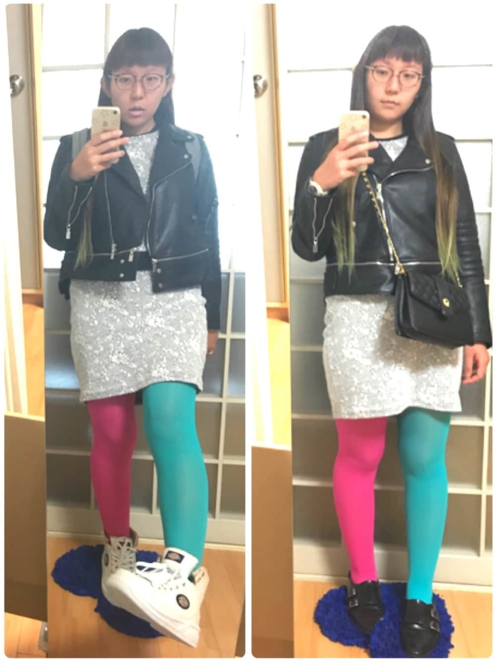 グレー系のバックパック/リュック、ブラック系のショルダーバッグ、ブラック系のライダースジャケットを着用したレディースの秋コーディネートの1枚目の写真