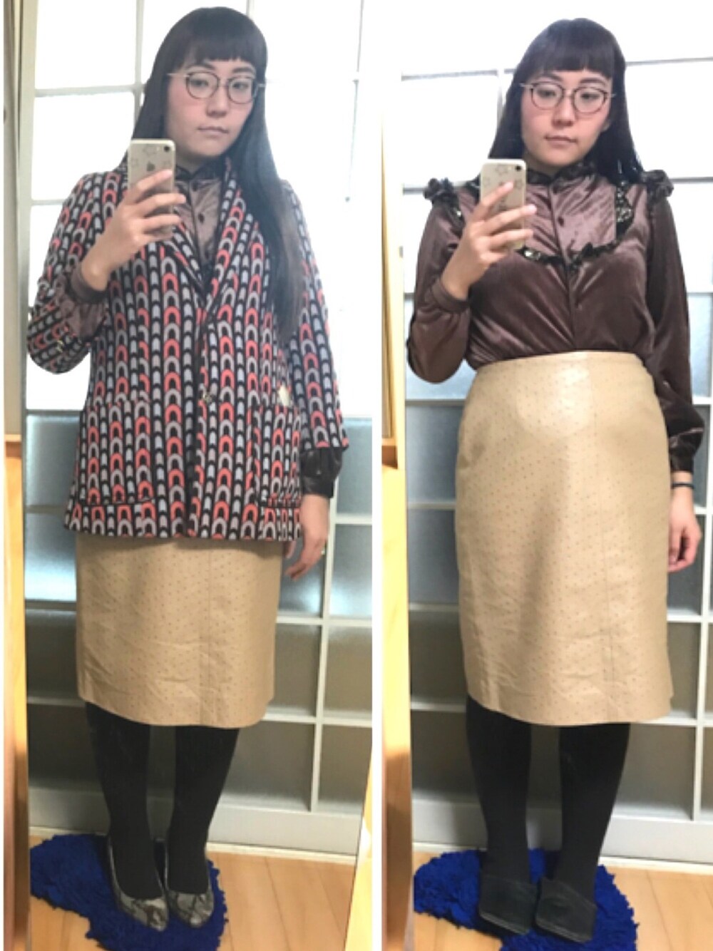 「柄ジャケット、古着、ベロアシャツ、フリル、レザースカート、ニットタイツ、パンプス、パイソン柄、バブーシュ」｜「今日のメイク。のアイテム（ファンデーション、ゴールド系）」を使った、みひろさん（レディース・159cm）の冬コーディネートの1枚目の写真