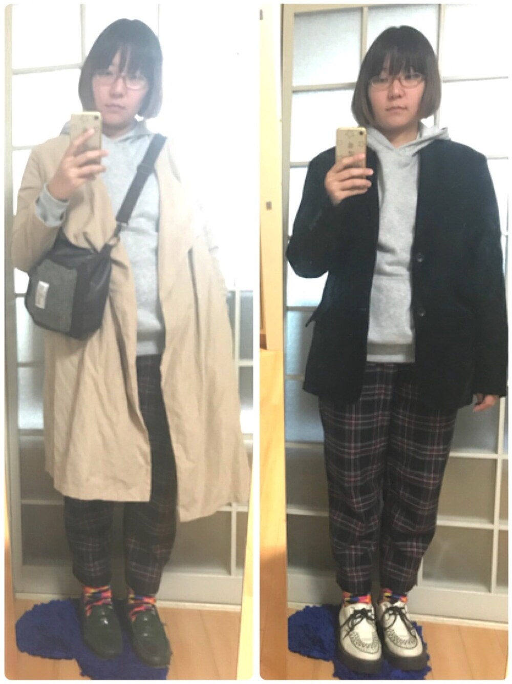 「テロテロ、コート、ジャケット、コーデュロイ、パーカー、チェックパンツ、ローファー、ラバーソール、ボディバッグ」｜「GUのアイテム（パーカー、グレー系）」を使った、みひろさん（レディース・159cm）の秋コーディネートの1枚目の写真