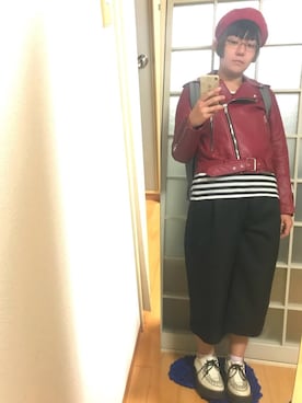 「ガウチョパンツ」｜「アイテム（ライダースジャケット）」を使った、みひろさん（レディース・159cm）の秋コーディネート