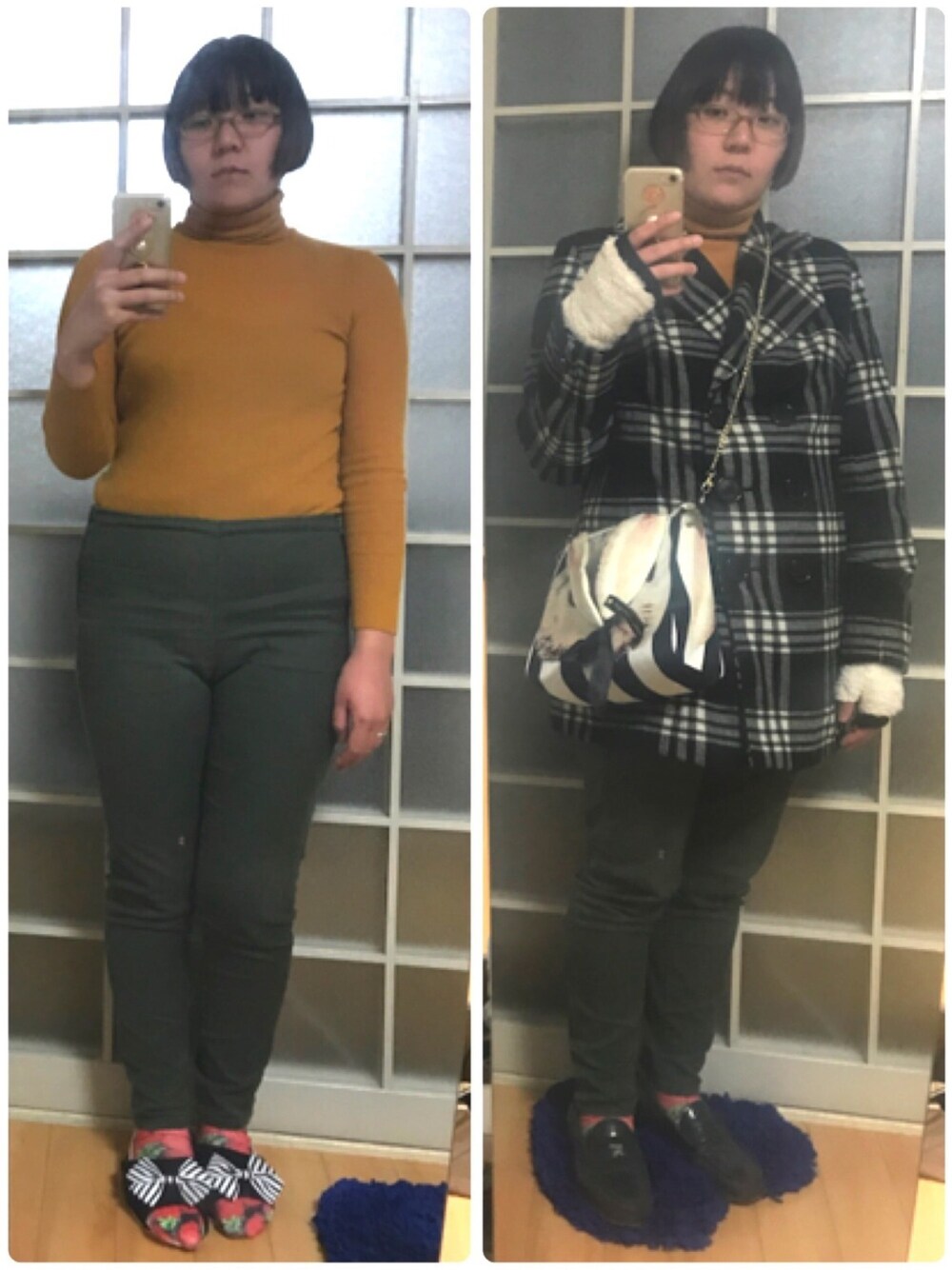 イエロー系のニット/セーター、グリーン系のパンツ、ブラック系のその他アウターを着用したレディースの春コーディネートの1枚目の写真