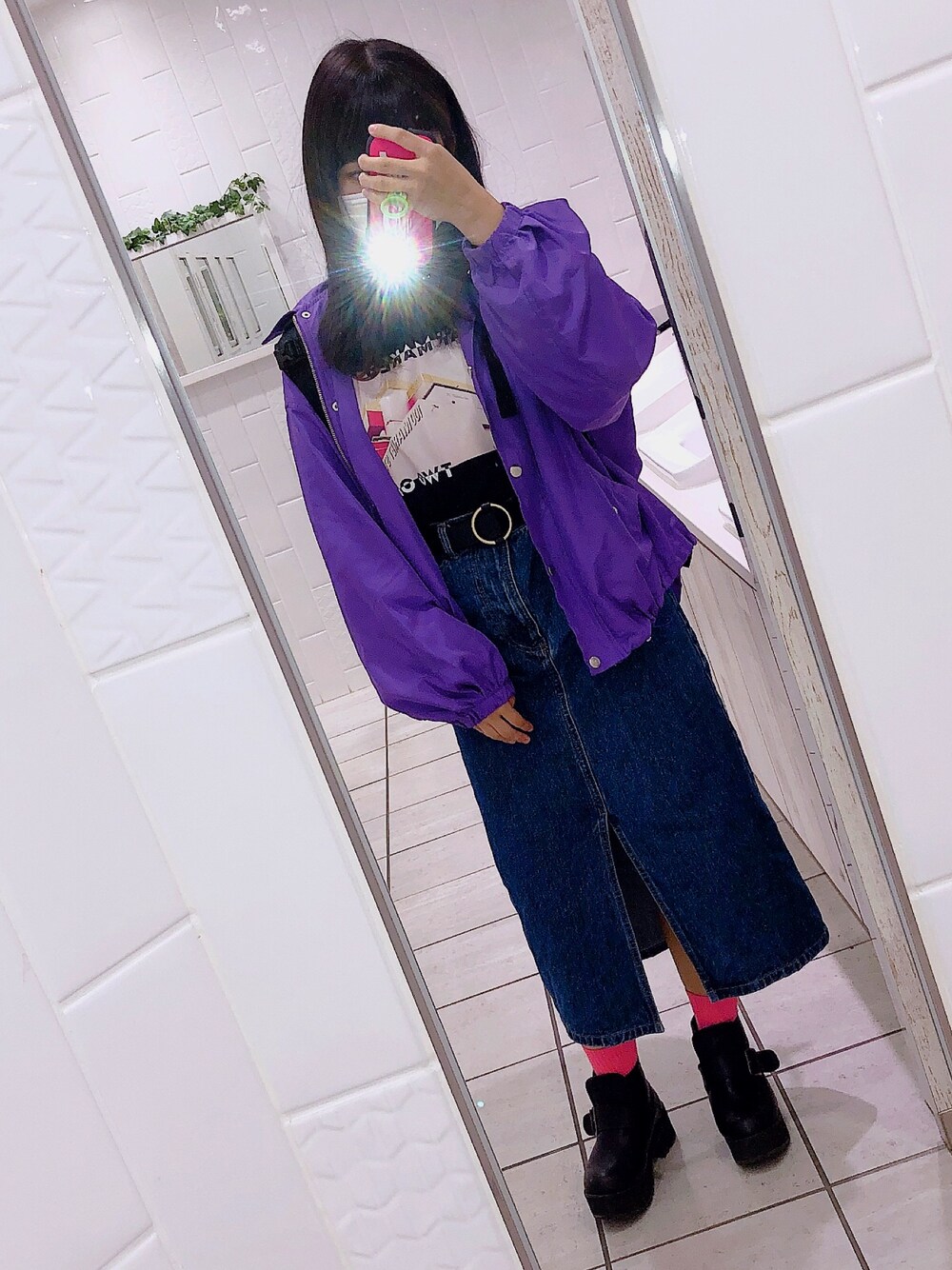 「PAGEBOYのボリュームスリーブコーチジャケット（その他アウター、パープル系）」を使った、Luaさん（レディース・149cm）の春コーディネートの1枚目の写真
