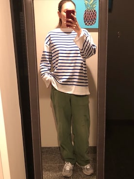 「FREAK'S STORE（フリークスストア）のBIGバスクTシャツ(チュニック、ボーダーTシャツ)（Tシャツ/カットソー、ブラック系）」を使った、yukiyoさん（レディース・171cm）の春コーディネート