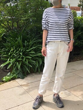 「JOURNAL STANDARD relume（ジャーナルスタンダード　レリューム）の【ZOZOTOWN限定】ドライコットン ボーダーフレンチ ロングTシャツ（Tシャツ/カットソー、ホワイト系）」を使った、yukiyoさん（レディース・171cm）の春コーディネート