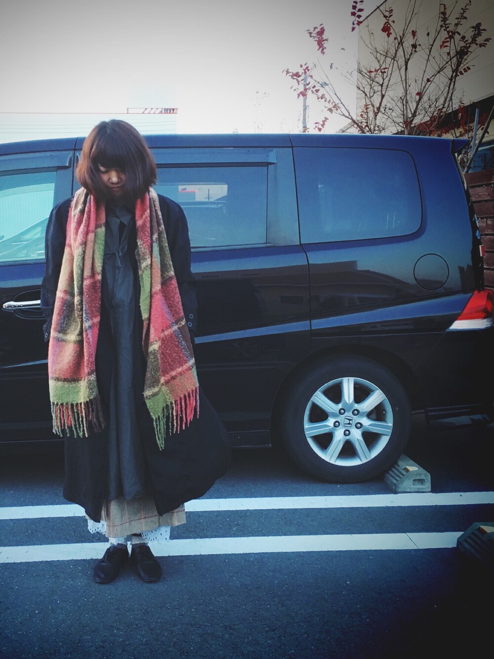 「古着、古着MIX、古着好きな人と繋がりたい、お洒落さんとつながりたい」｜「USEDのアイテム（ジャケット/アウター、ブラック系）」を使った、f u a ∴さん（レディース・162cm）の冬コーディネートの1枚目の写真