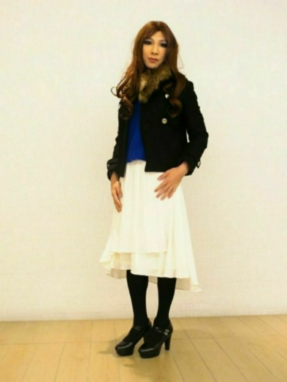 「INGNI、大人カジュアル、女装、CECIL McBEE」｜「earth music&ecologyのアイテム（ピーコート、ブラック系）」を使った、西村らんさん（メンズ・170cm）の春コーディネートの1枚目の写真