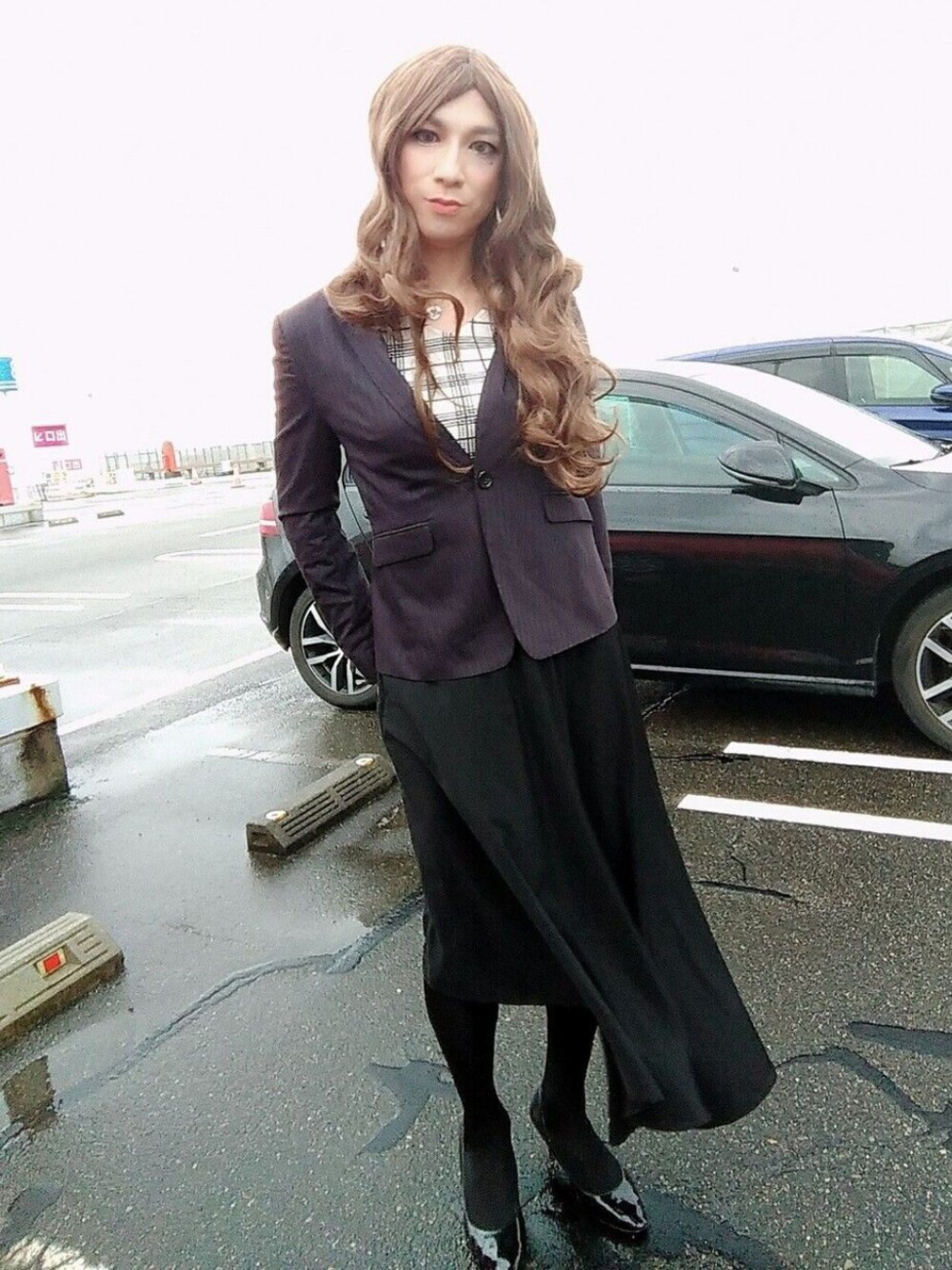 「SLY、女装、one way、おしゃれさんと繋がりたい、m.f.editorial」｜「m.f.editorialのエムエフエディトリアル　レディース/m.f.editorial：Women 　ポンチストライプテーラージャケット（テーラードジャケット、ブルー系）」を使った、西村らんさん（メンズ・170cm）の秋コーディネートの1枚目の写真